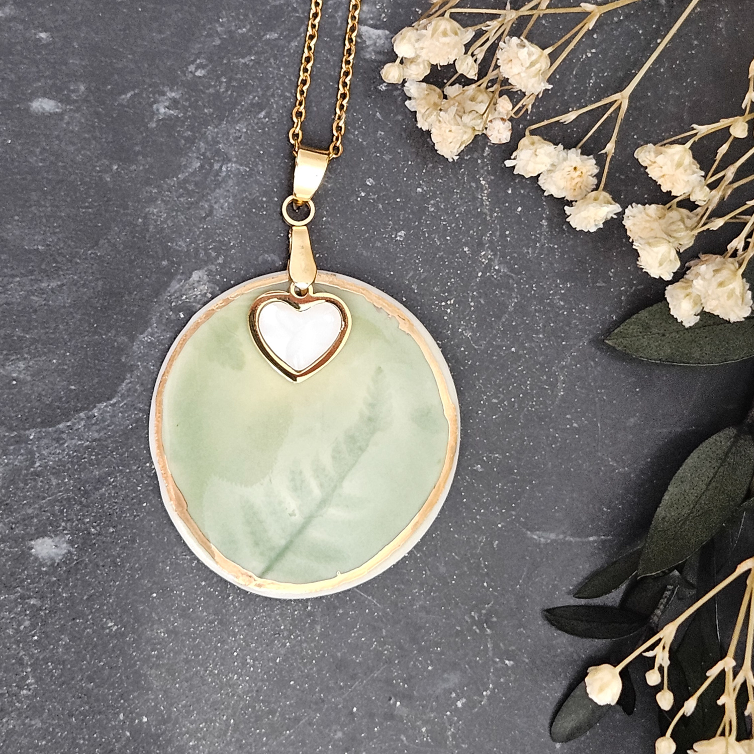 Emerald green fine ceramic porcelain designer necklace - embossed plant with 22k gold plating and heart pendant