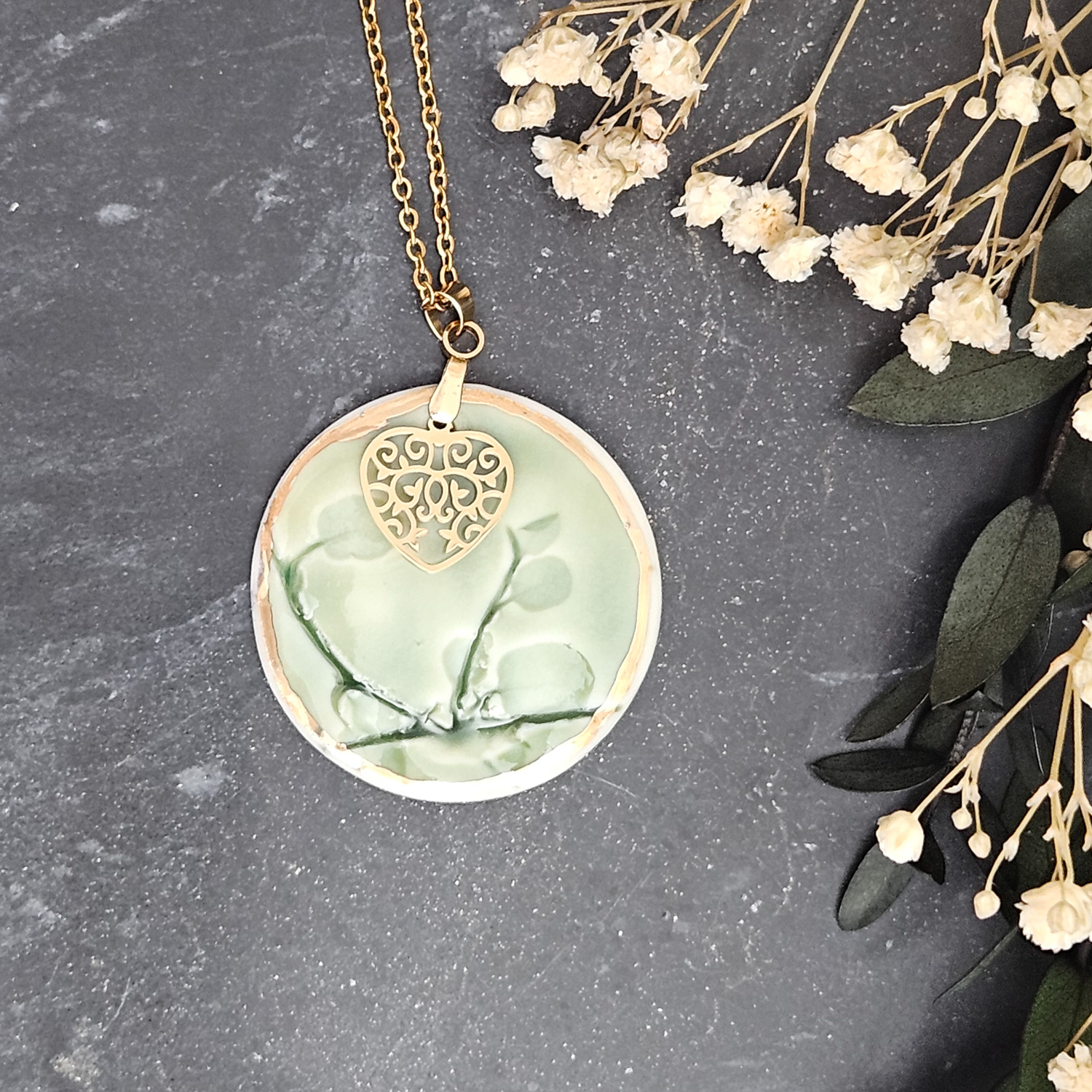 Emerald green fine ceramic porcelain designer necklace - embossed plant with 22k gold plating and heart pendant
