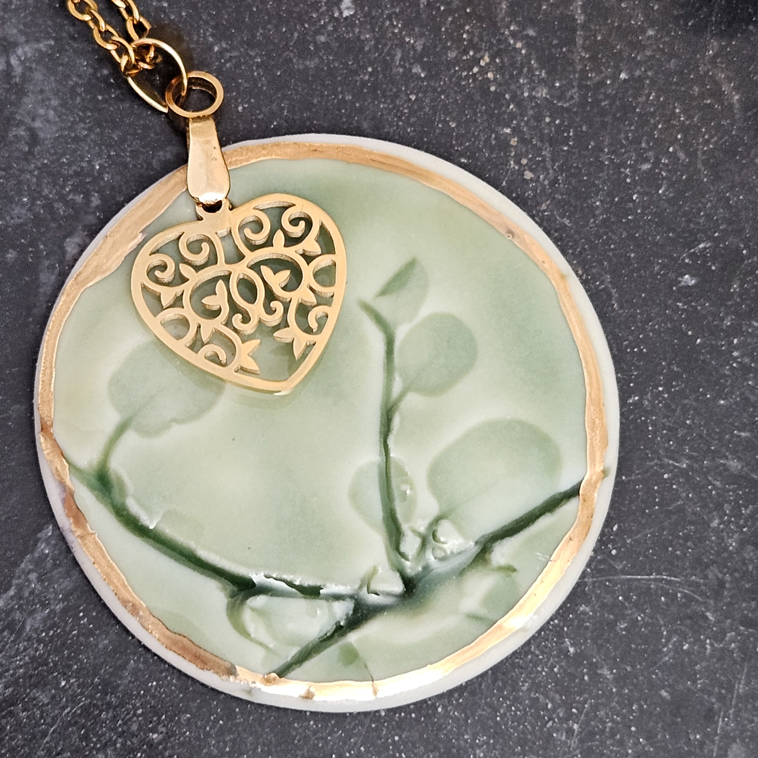 Emerald green fine ceramic porcelain designer necklace - embossed plant with 22k gold plating and heart pendant - Image 2