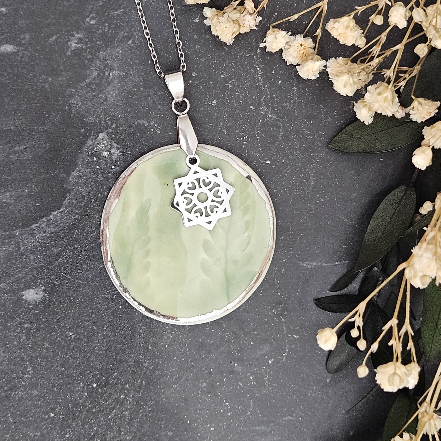 Emerald green fine ceramic porcelain designer necklace - embossed plant with silver accents (white gold) and star pendant
