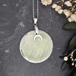 Emerald green fine ceramic porcelain designer necklace - embossed plant with silver accents (white gold) and moon pendant