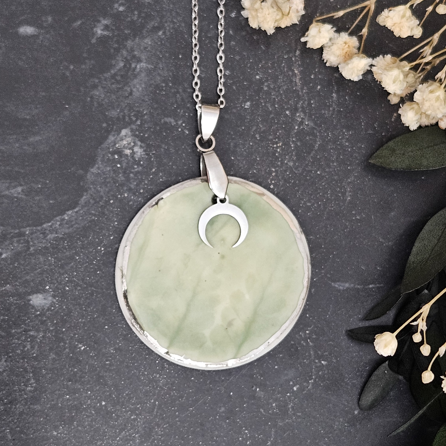 Emerald green fine ceramic porcelain designer necklace - embossed plant with silver accents (white gold) and moon pendant