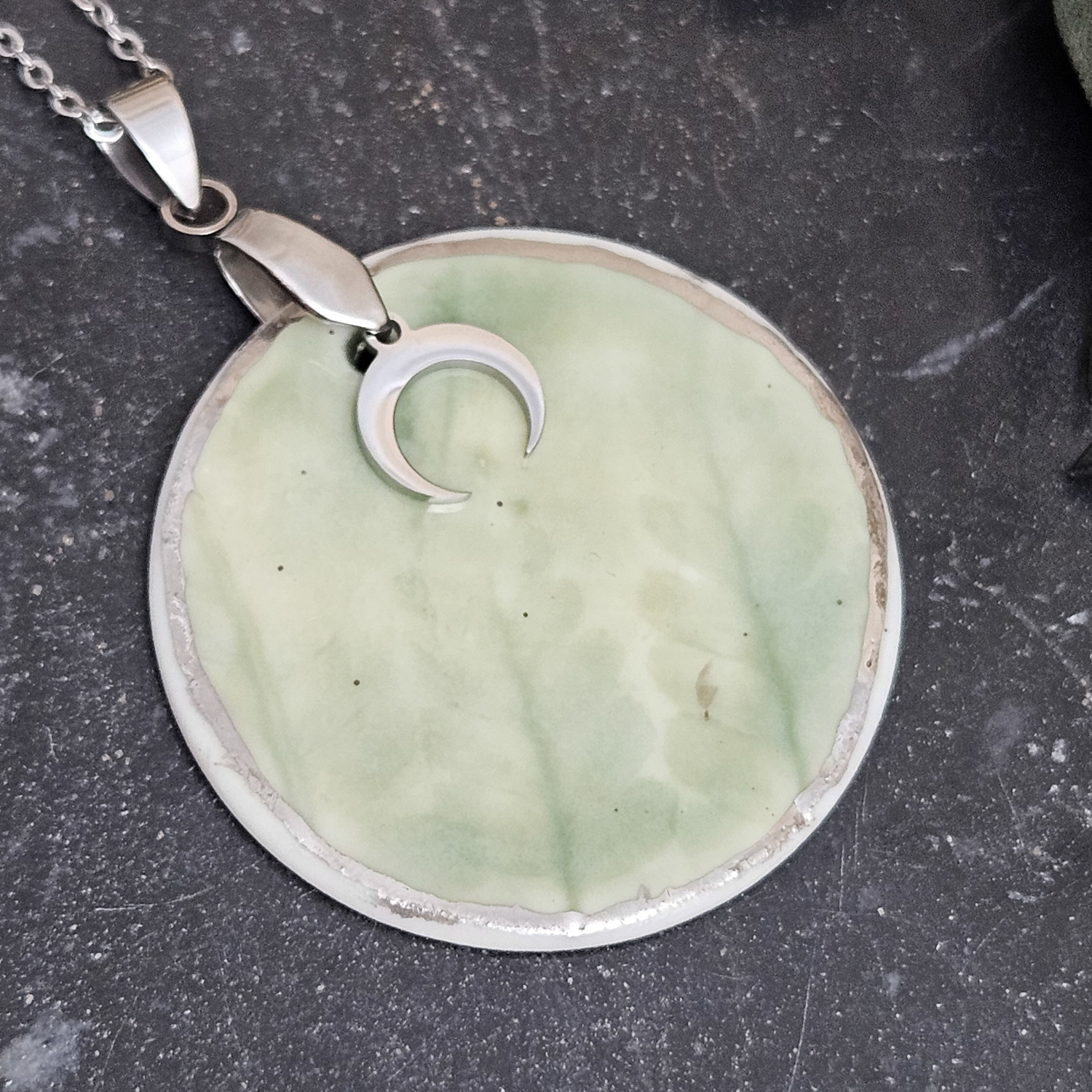 Emerald green fine ceramic porcelain designer necklace - embossed plant with silver accents (white gold) and moon pendant - Image 2