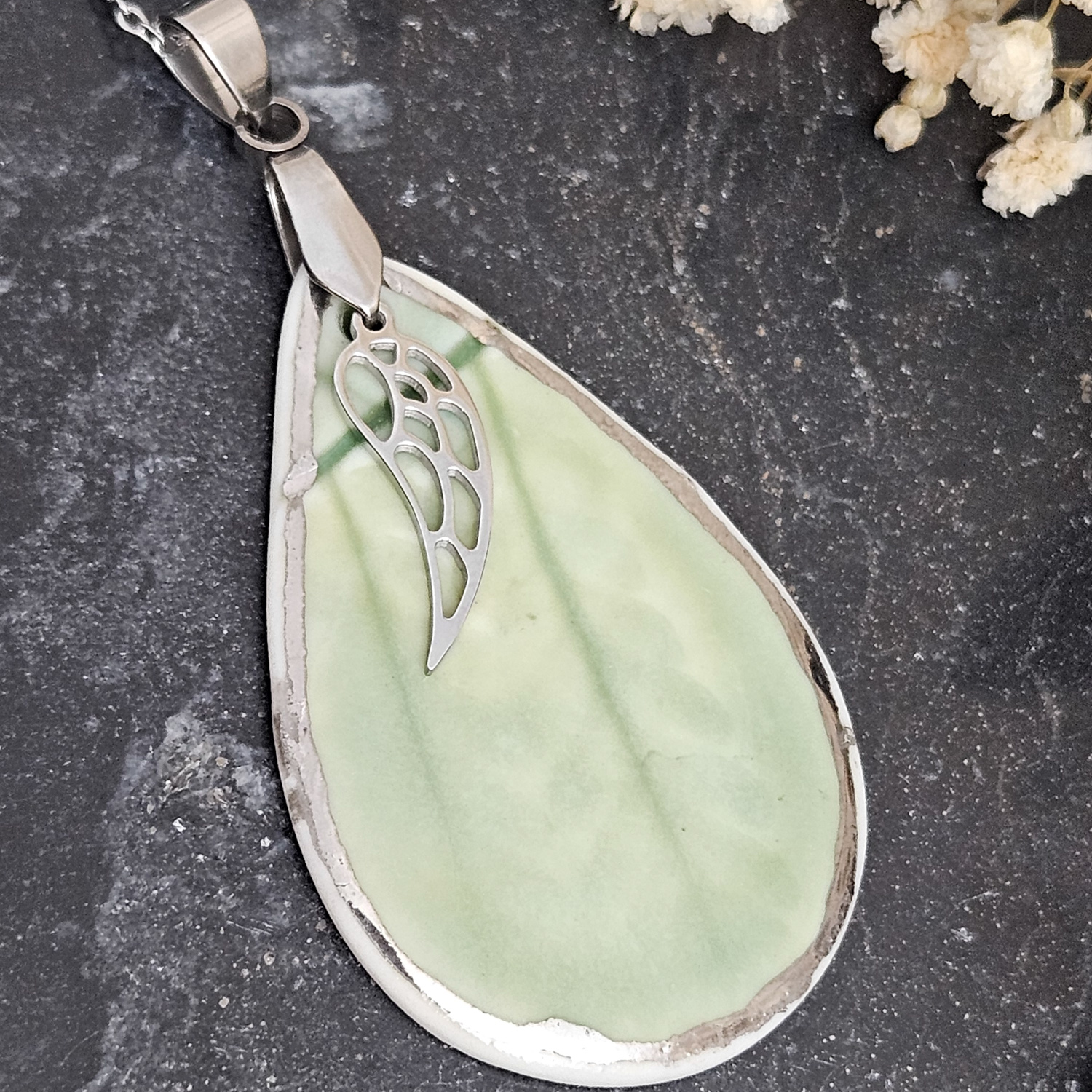 Emerald green fine ceramic porcelain designer necklace - embossed plant with silver accents (white gold) and wing pendant - Image 2