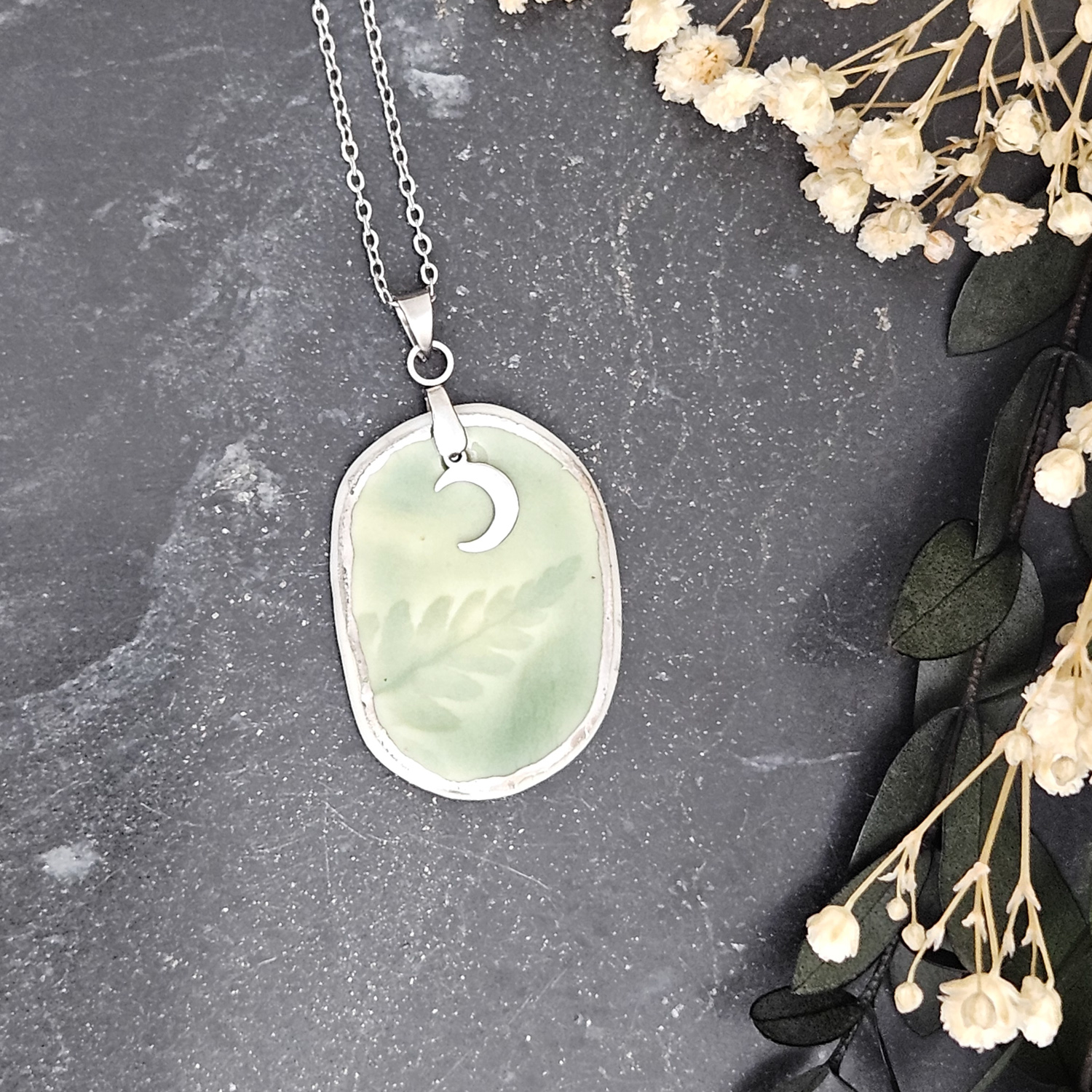 Emerald green fine ceramic porcelain designer necklace - embossed plant with silver accents (white gold) and moon pendant