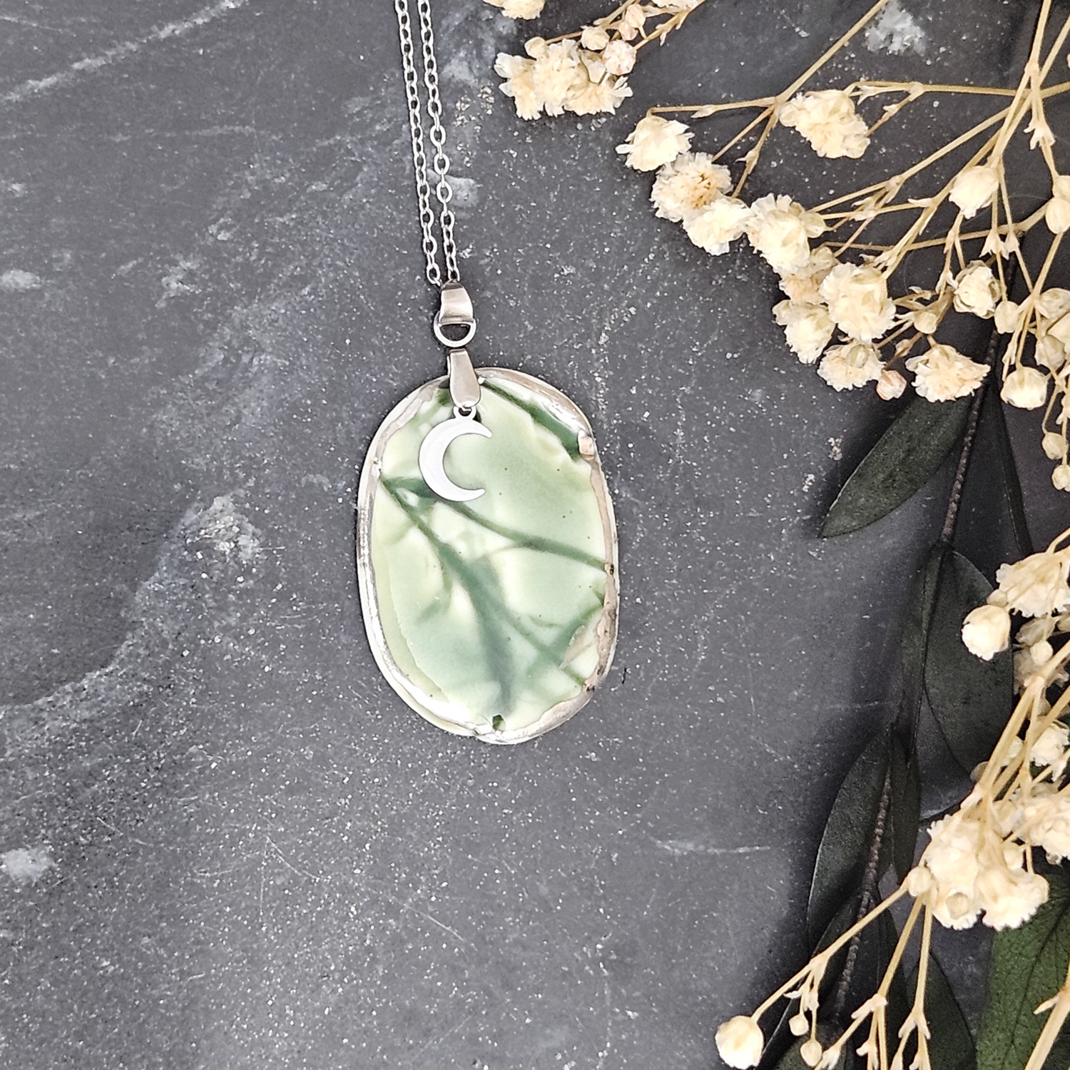 Emerald green fine ceramic porcelain designer necklace - embossed plant with silver accents (white gold) and moon pendant