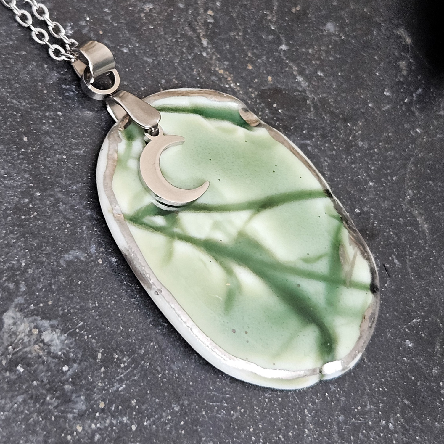 Emerald green fine ceramic porcelain designer necklace - embossed plant with silver accents (white gold) and moon pendant - Image 2
