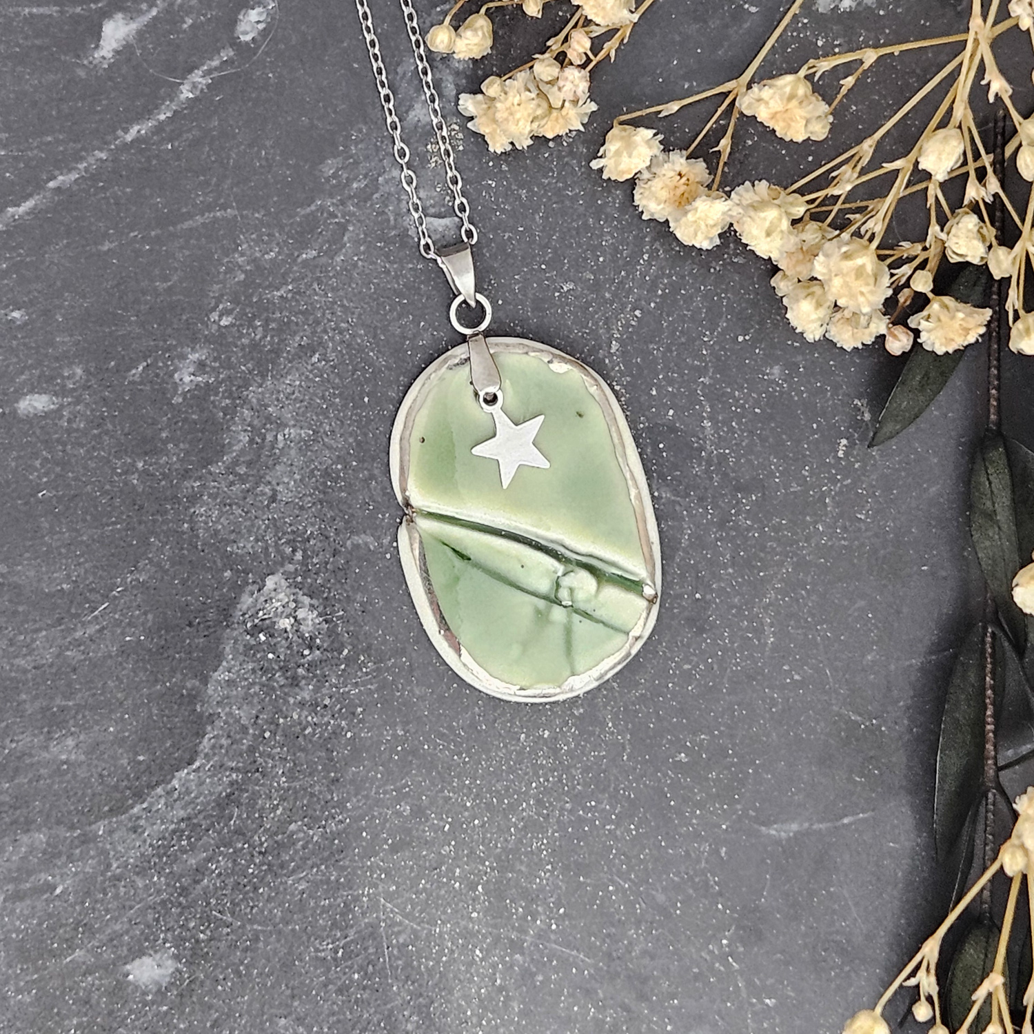 Emerald green fine ceramic porcelain designer necklace - embossed plant with silver accents (white gold) and star pendant