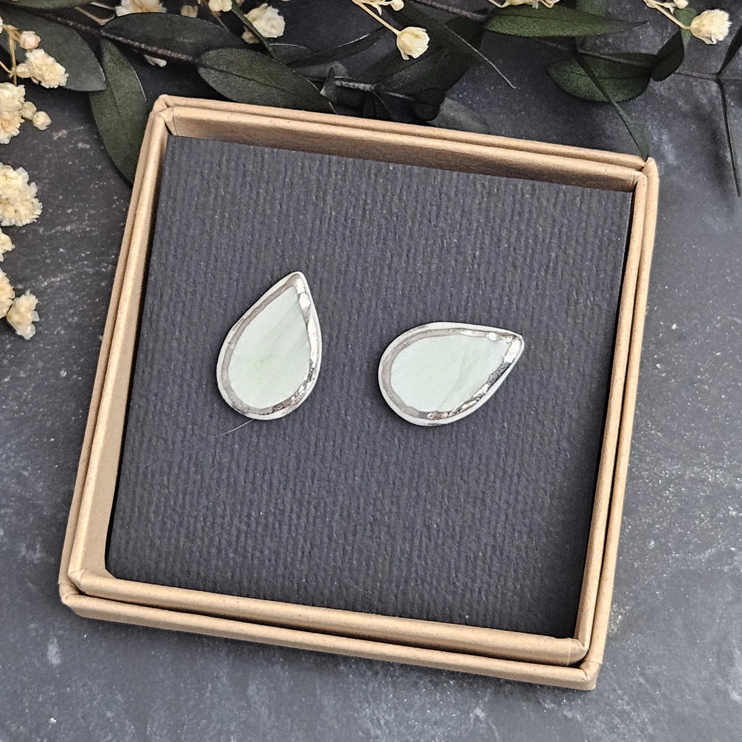 Light blue fine ceramic porcelain hypoallergenic stud designer earrings for sensitive ears with silver accents (white gold) - embossed plant - Image 4