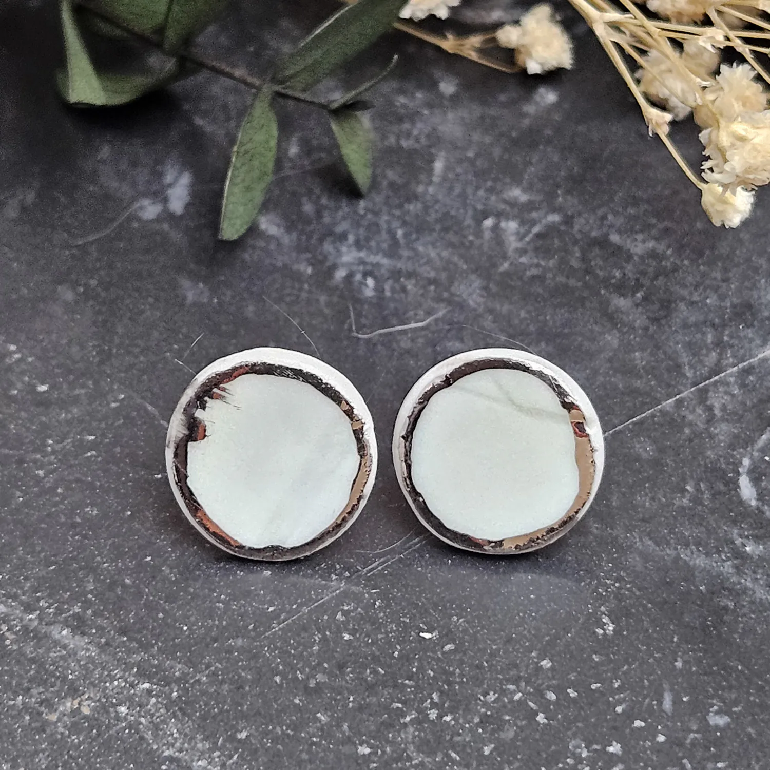 Light blue fine ceramic porcelain hypoallergenic stud designer earrings for sensitive ears with silver accents (white gold) - embossed plant