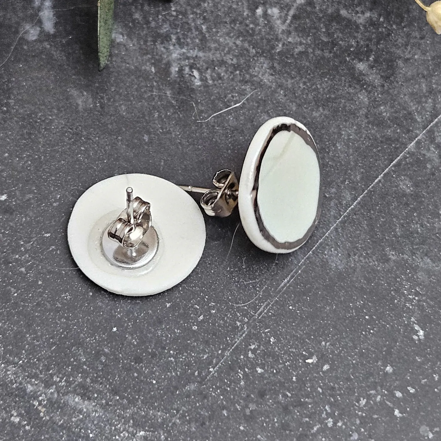 Light blue fine ceramic porcelain hypoallergenic stud designer earrings for sensitive ears with silver accents (white gold) - embossed plant - Image 3
