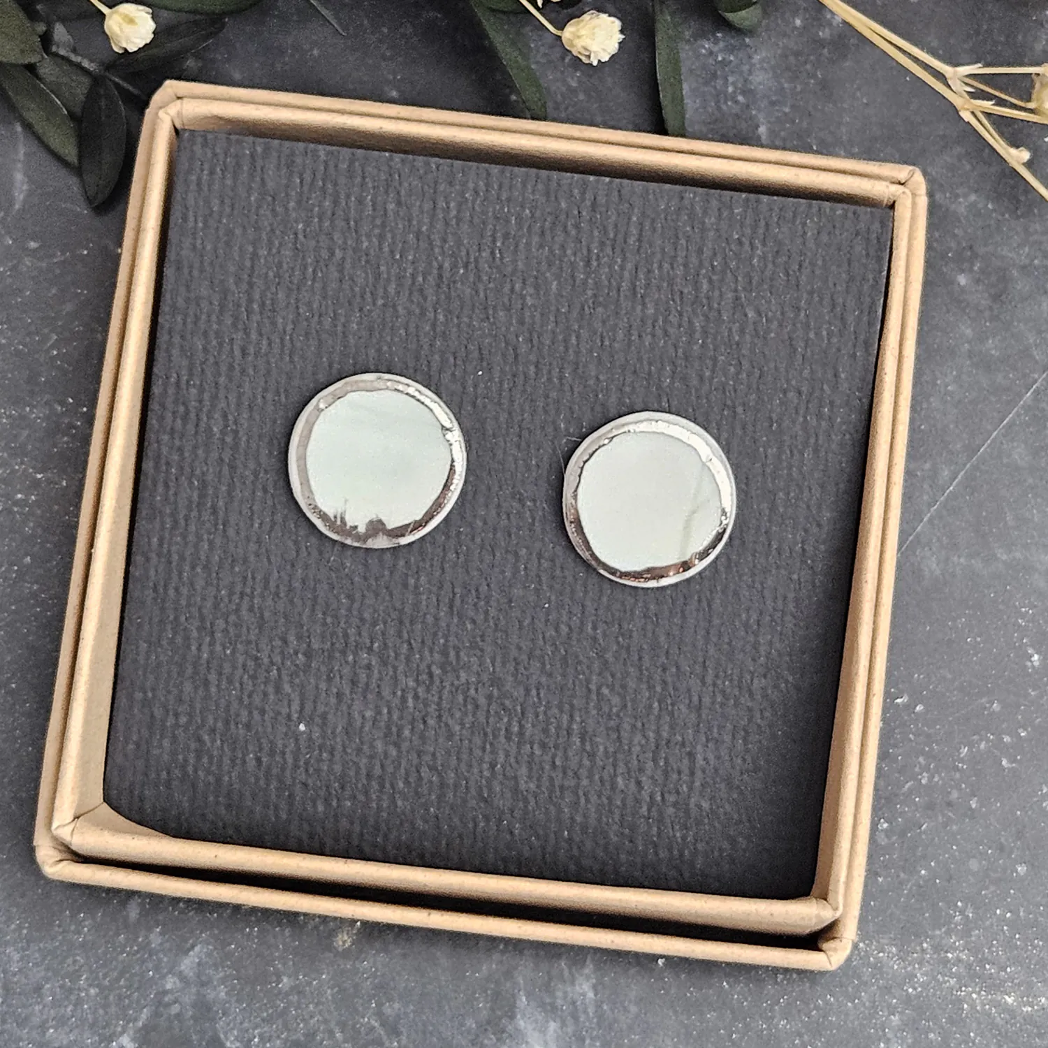 Light blue fine ceramic porcelain hypoallergenic stud designer earrings for sensitive ears with silver accents (white gold) - embossed plant - Image 4
