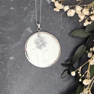 Light blue fine ceramic porcelain designer necklace - embossed plant with silver accents (white gold) and clover pendant