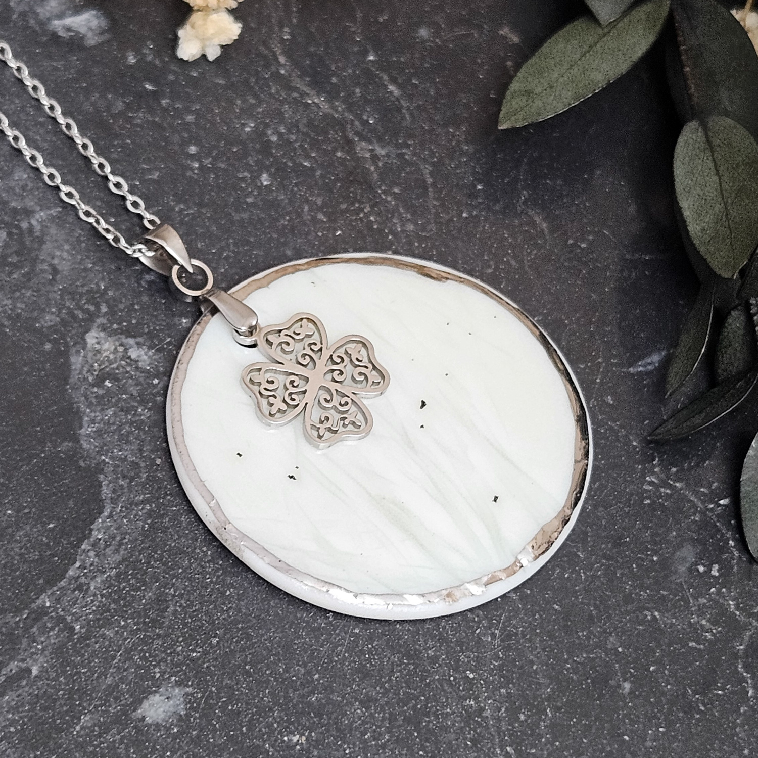 Light blue fine ceramic porcelain designer necklace - embossed plant with silver accents (white gold) and clover pendant - Image 2