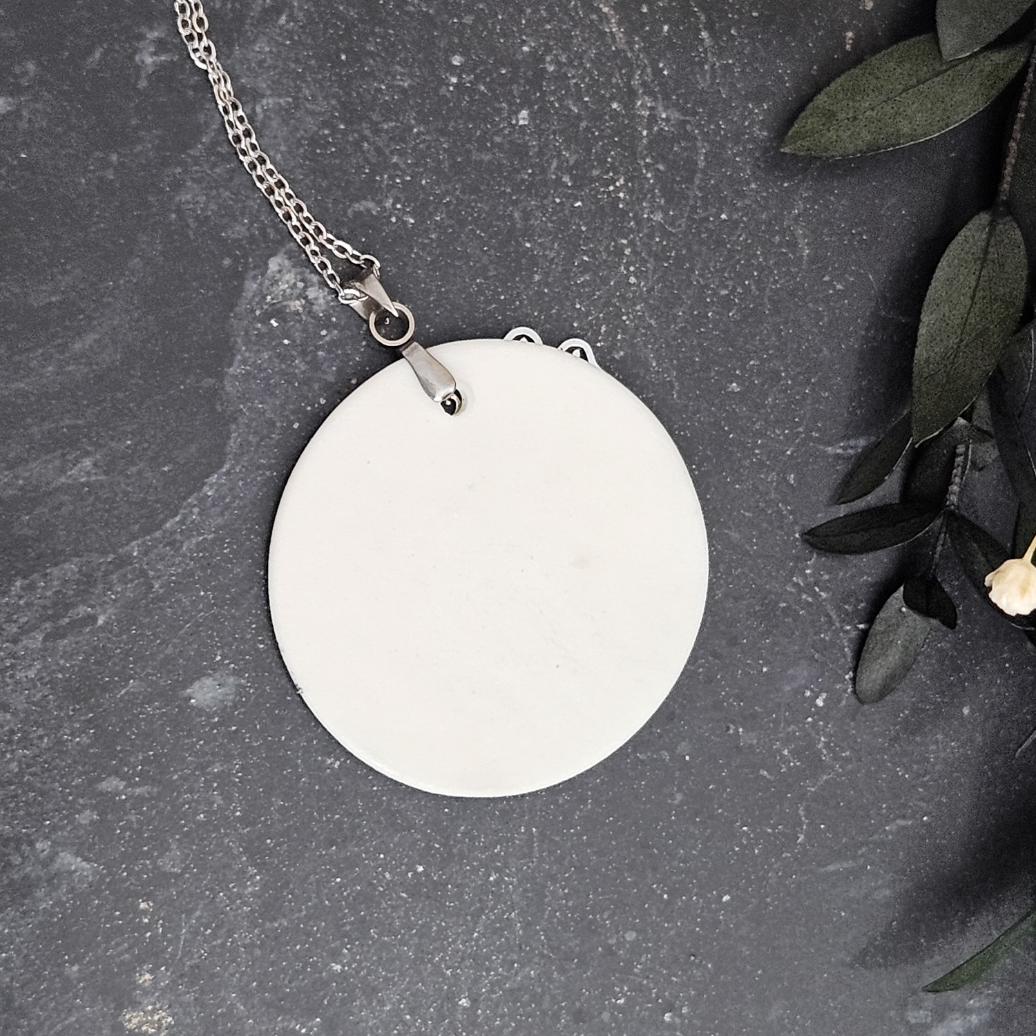 Light blue fine ceramic porcelain designer necklace - embossed plant with silver accents (white gold) and clover pendant - Image 3