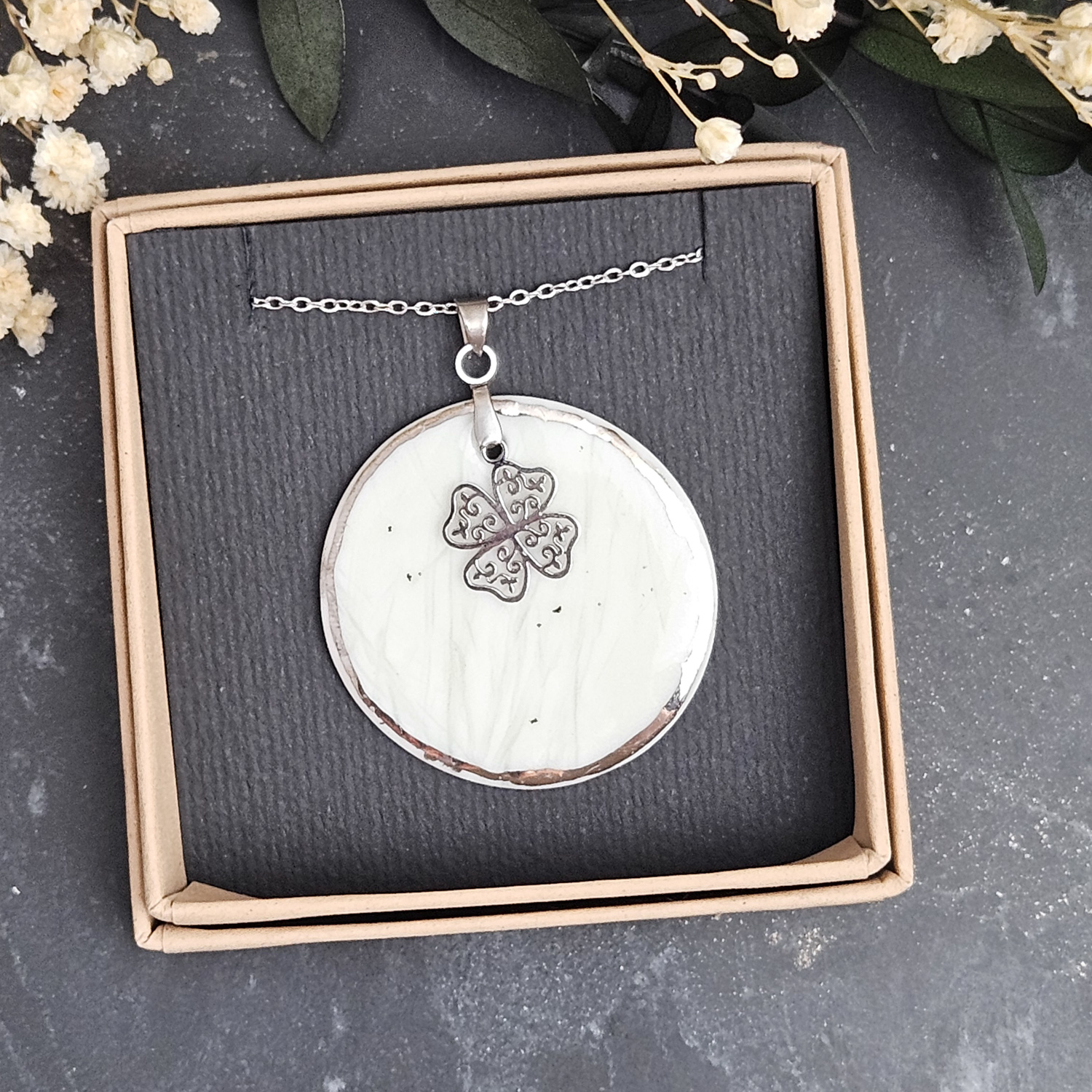 Light blue fine ceramic porcelain designer necklace - embossed plant with silver accents (white gold) and clover pendant - Image 4