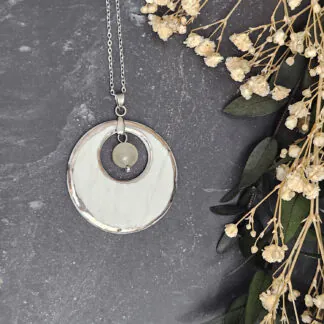 Light blue fine ceramic porcelain designer necklace - embossed plant with silver accents (white gold) and moonstone