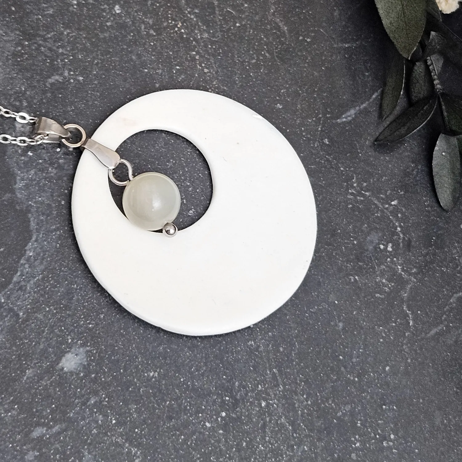 Light blue fine ceramic porcelain designer necklace - embossed plant with silver accents (white gold) and moonstone - Image 3