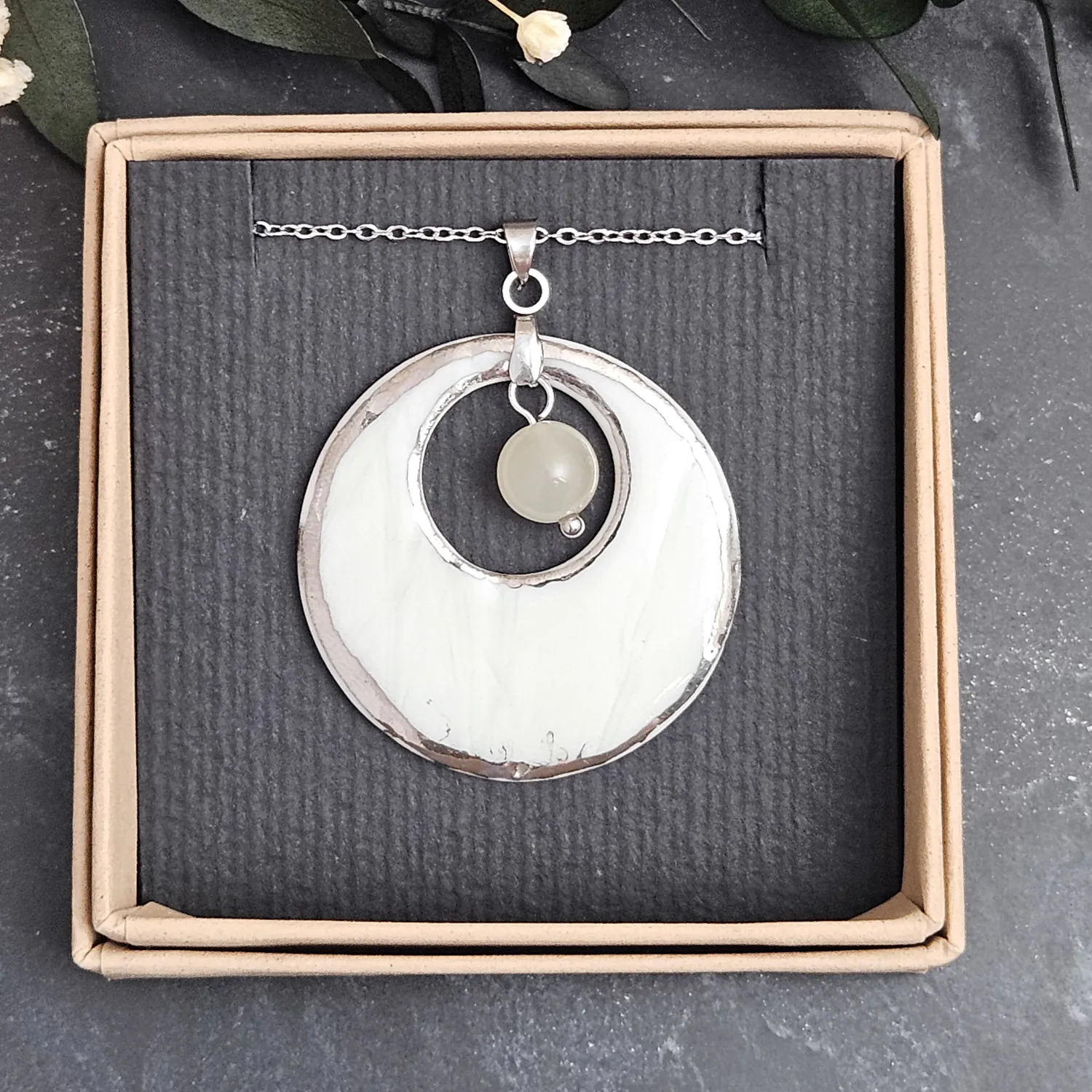 Light blue fine ceramic porcelain designer necklace - embossed plant with silver accents (white gold) and moonstone - Image 4