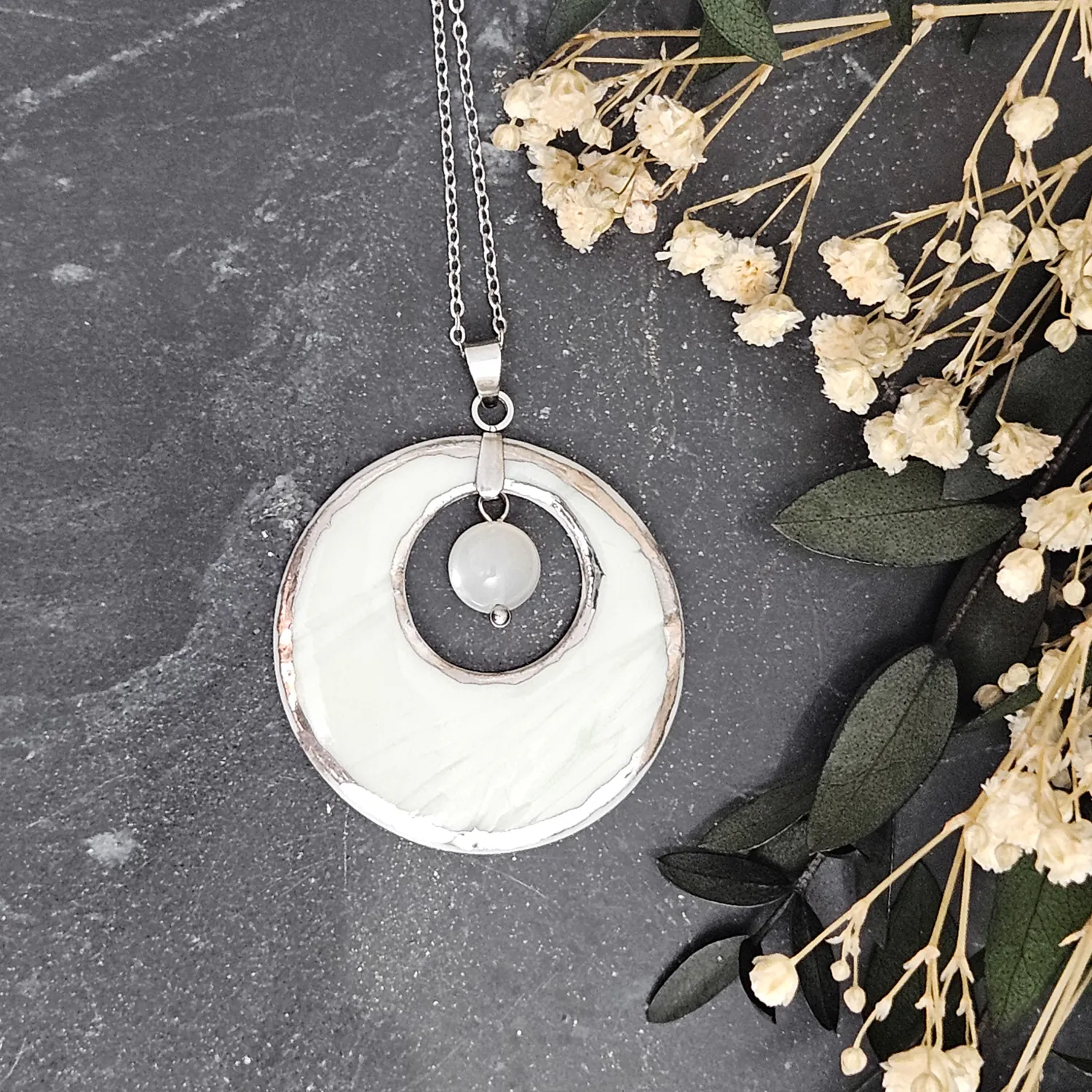 Light blue fine ceramic porcelain designer necklace - embossed plant with silver accents (white gold) and moonstone