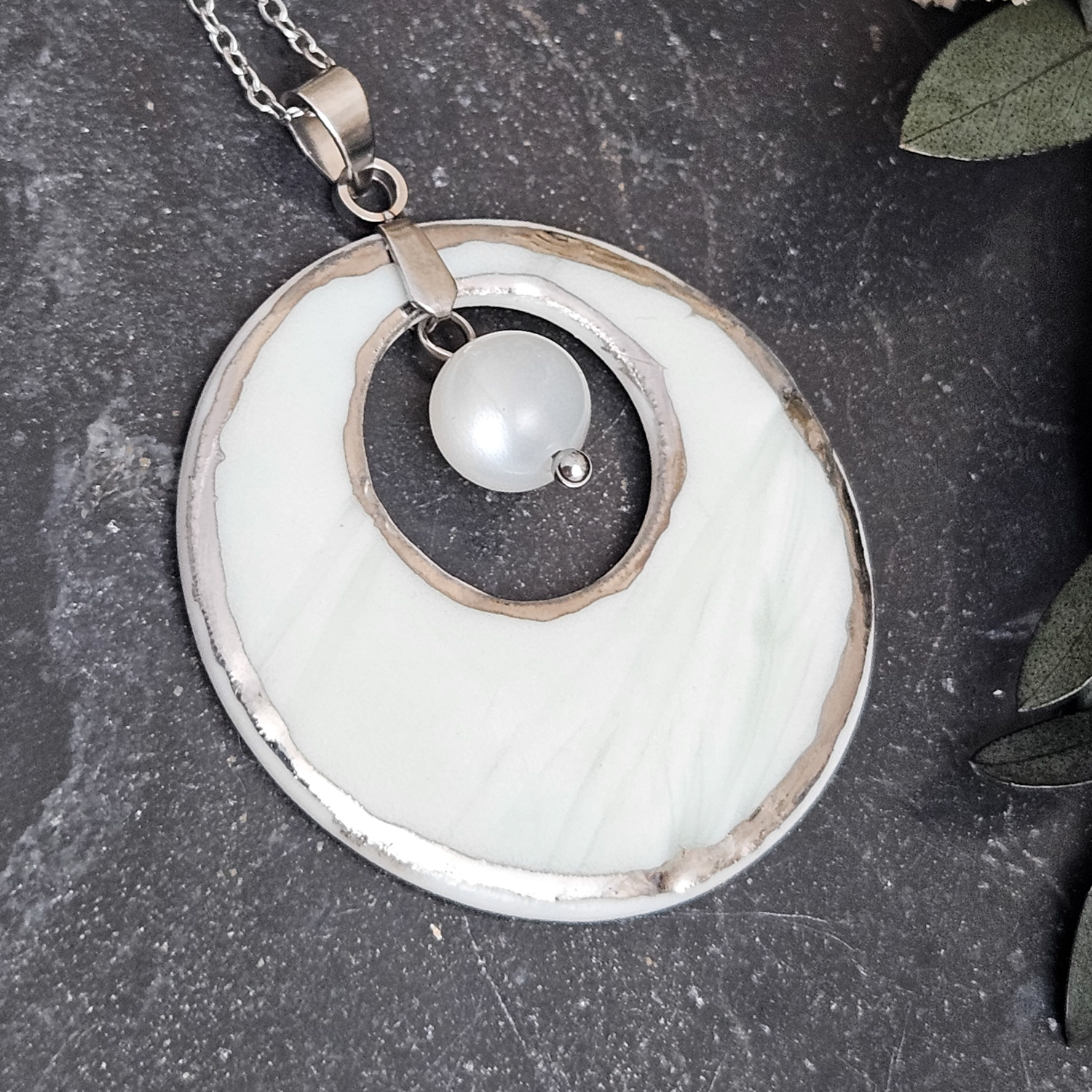 Light blue fine ceramic porcelain designer necklace - embossed plant with silver accents (white gold) and moonstone - obrazek 2