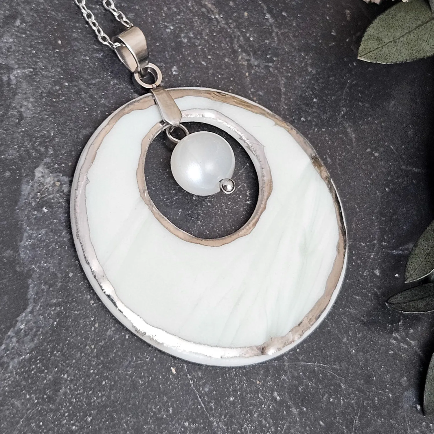 Light blue fine ceramic porcelain designer necklace - embossed plant with silver accents (white gold) and moonstone - Image 2