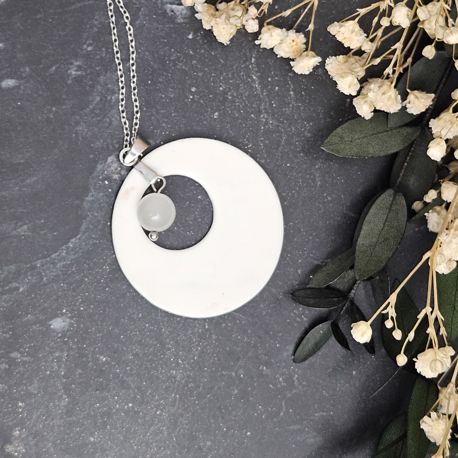 Light blue fine ceramic porcelain designer necklace - embossed plant with silver accents (white gold) and moonstone - obrazek 3