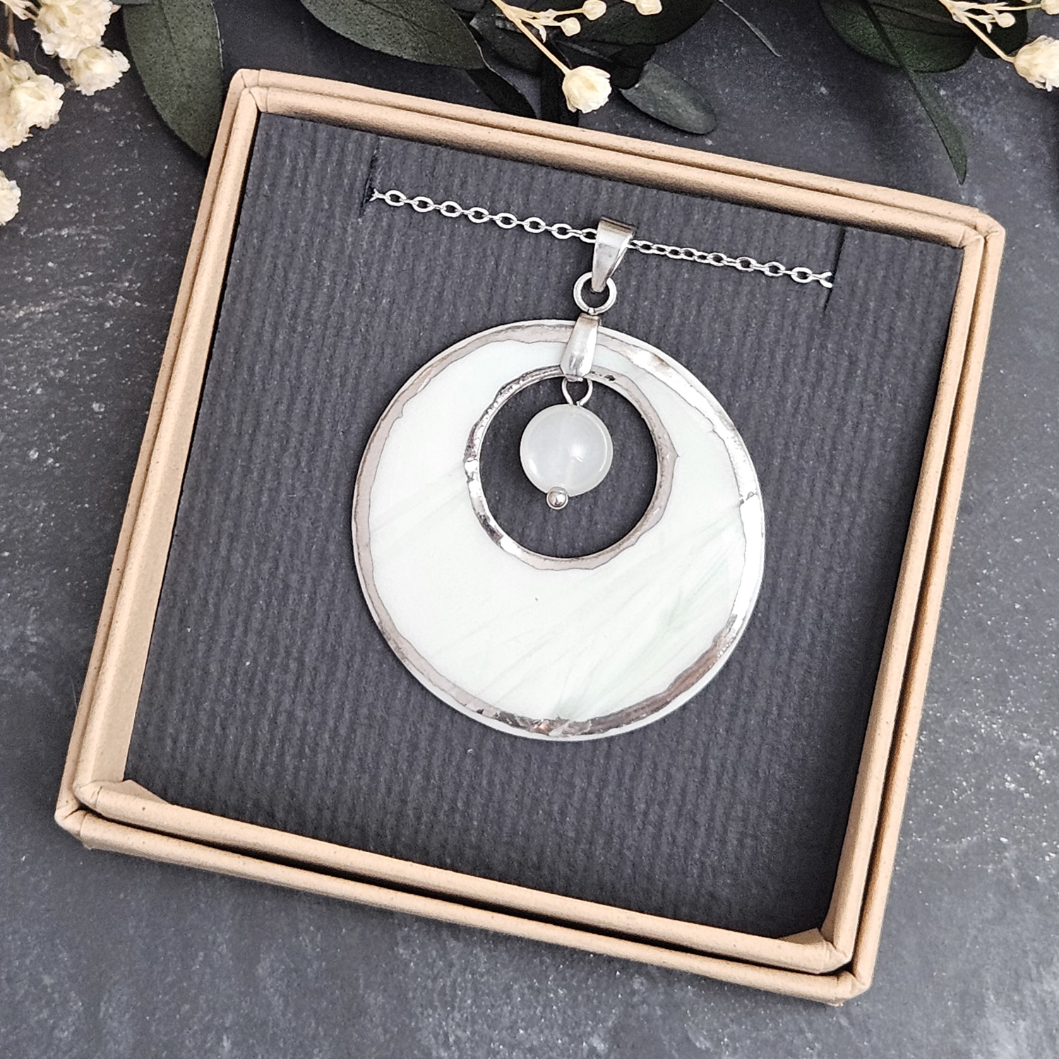 Light blue fine ceramic porcelain designer necklace - embossed plant with silver accents (white gold) and moonstone - obrazek 4