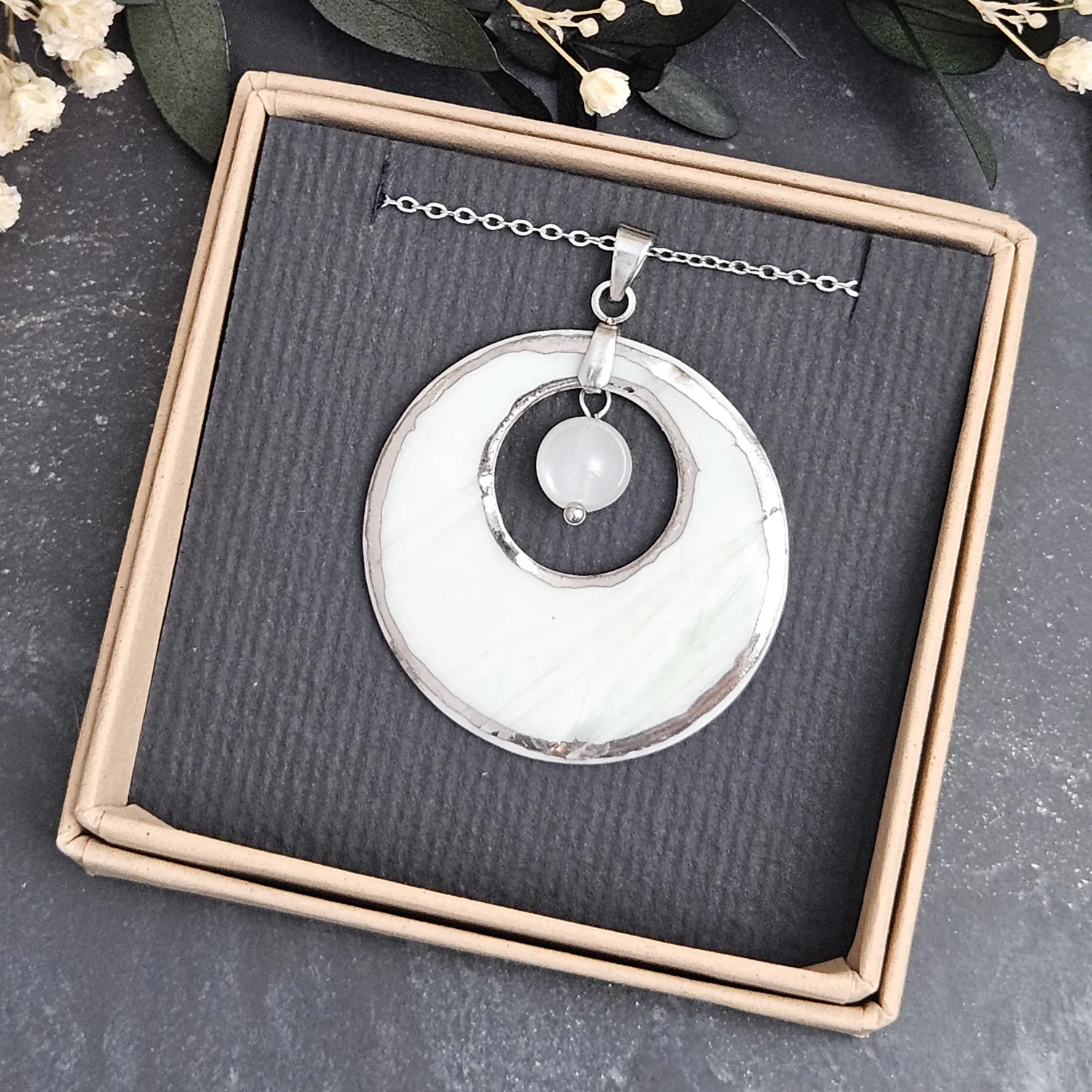 Light blue fine ceramic porcelain designer necklace - embossed plant with silver accents (white gold) and moonstone - Image 4