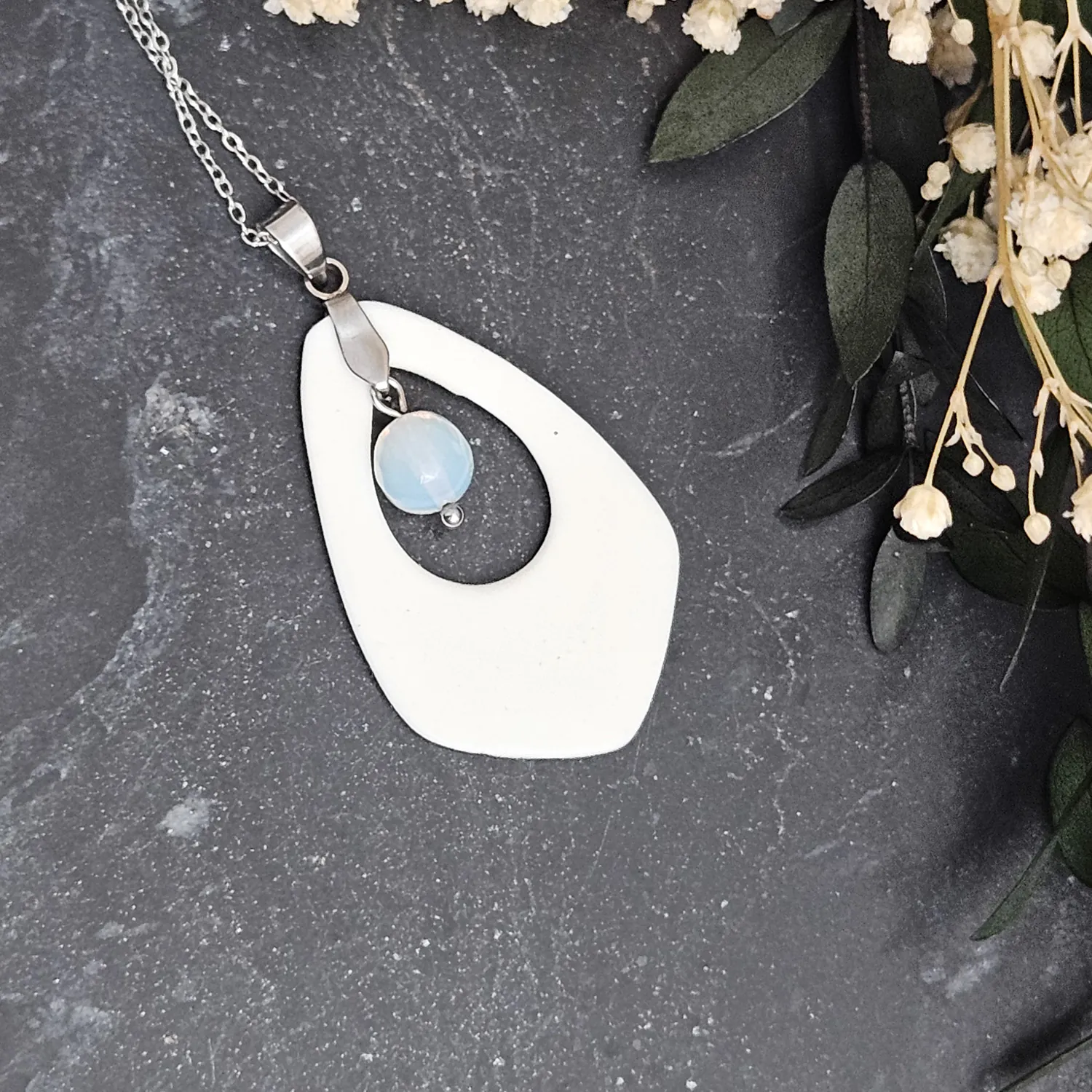 Light blue fine ceramic porcelain designer necklace - embossed plant with silver accents (white gold) and opal - Image 3