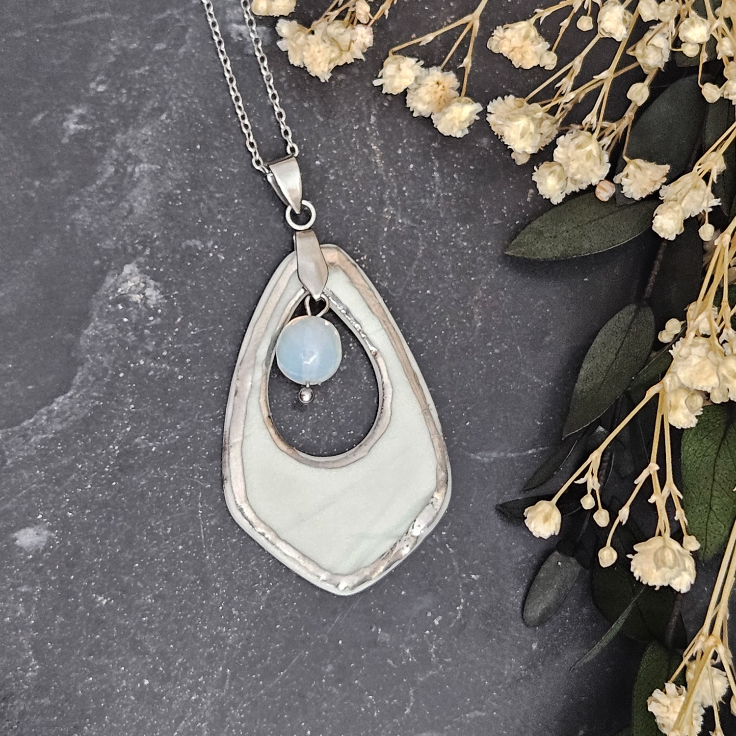 Light blue fine ceramic porcelain designer necklace - embossed plant with silver accents (white gold) and opal - obrazek 5