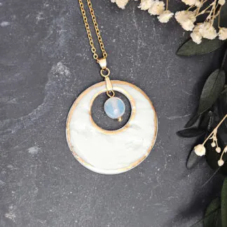 Light blue fine ceramic porcelain designer necklace - embossed plant with 22k gold plating and opal