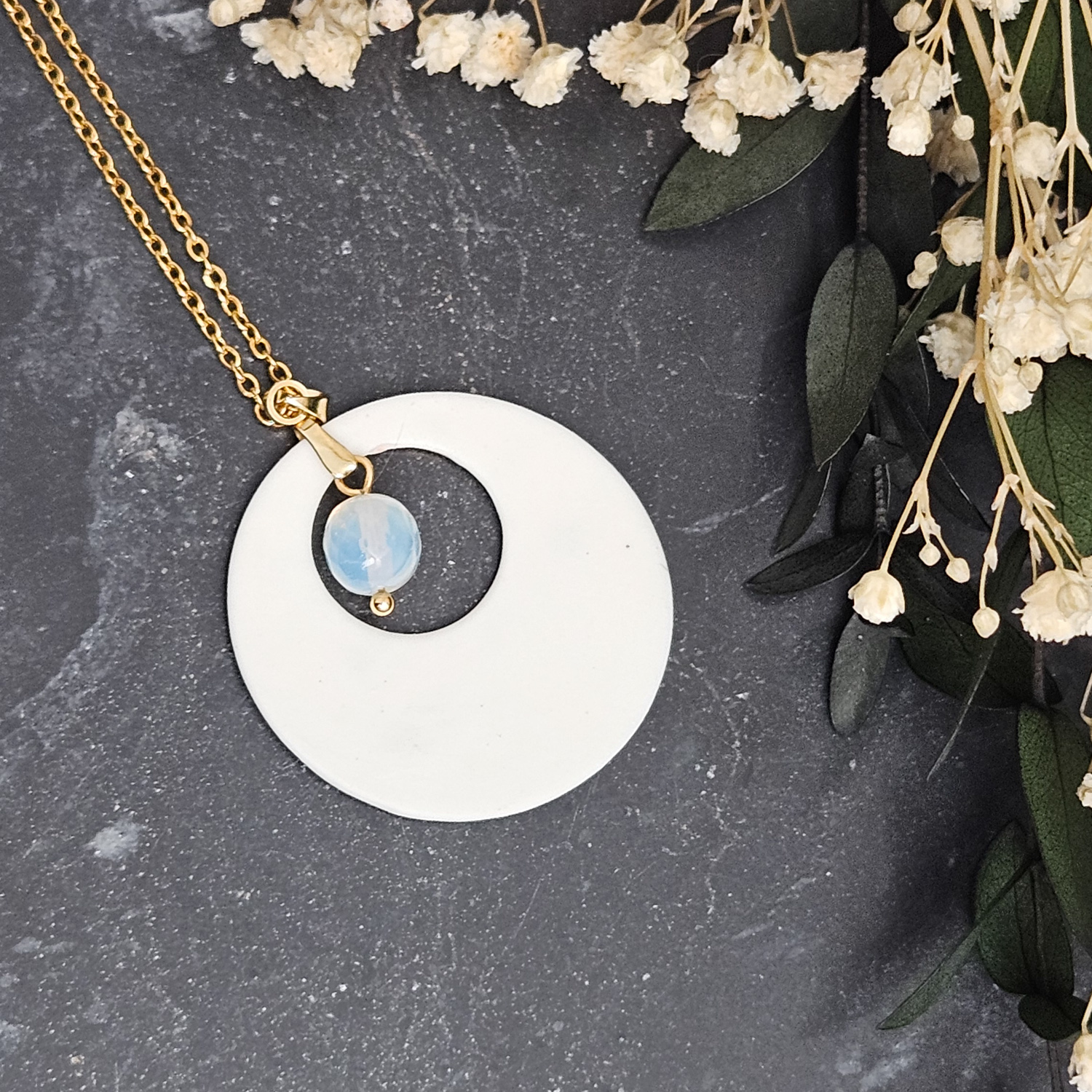 Light blue fine ceramic porcelain designer necklace - embossed plant with 22k gold plating and opal - obrazek 3