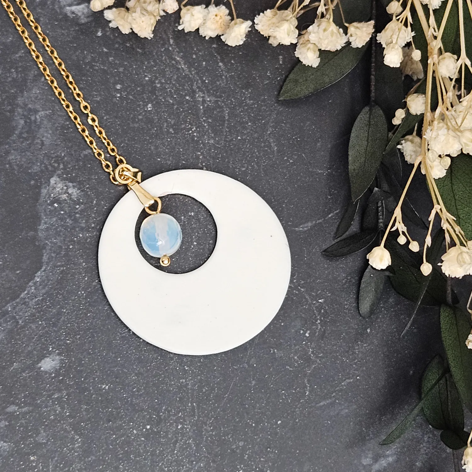Light blue fine ceramic porcelain designer necklace - embossed plant with 22k gold plating and opal - Image 3