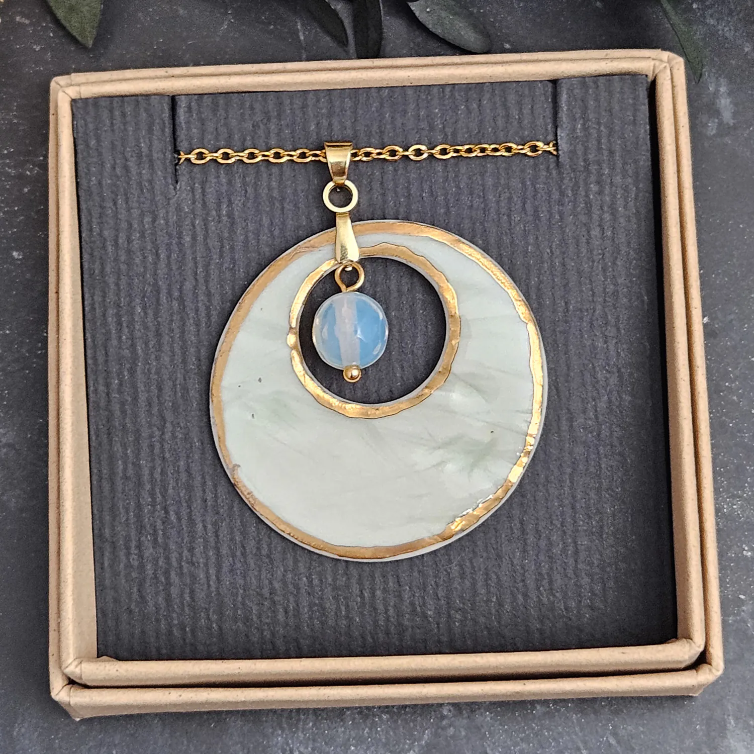 Light blue fine ceramic porcelain designer necklace - embossed plant with 22k gold plating and opal - Image 4