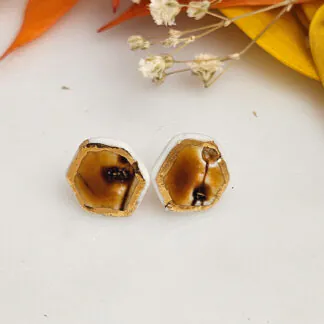 Amber fine ceramic porcelain hypoallergenic stud designer earrings for sensitive ears with 22k gold plating - embossed plant