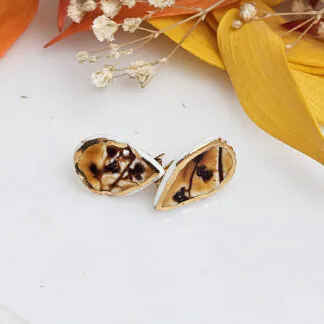 Amber fine ceramic porcelain hypoallergenic stud designer earrings for sensitive ears with 22k gold plating - embossed plant