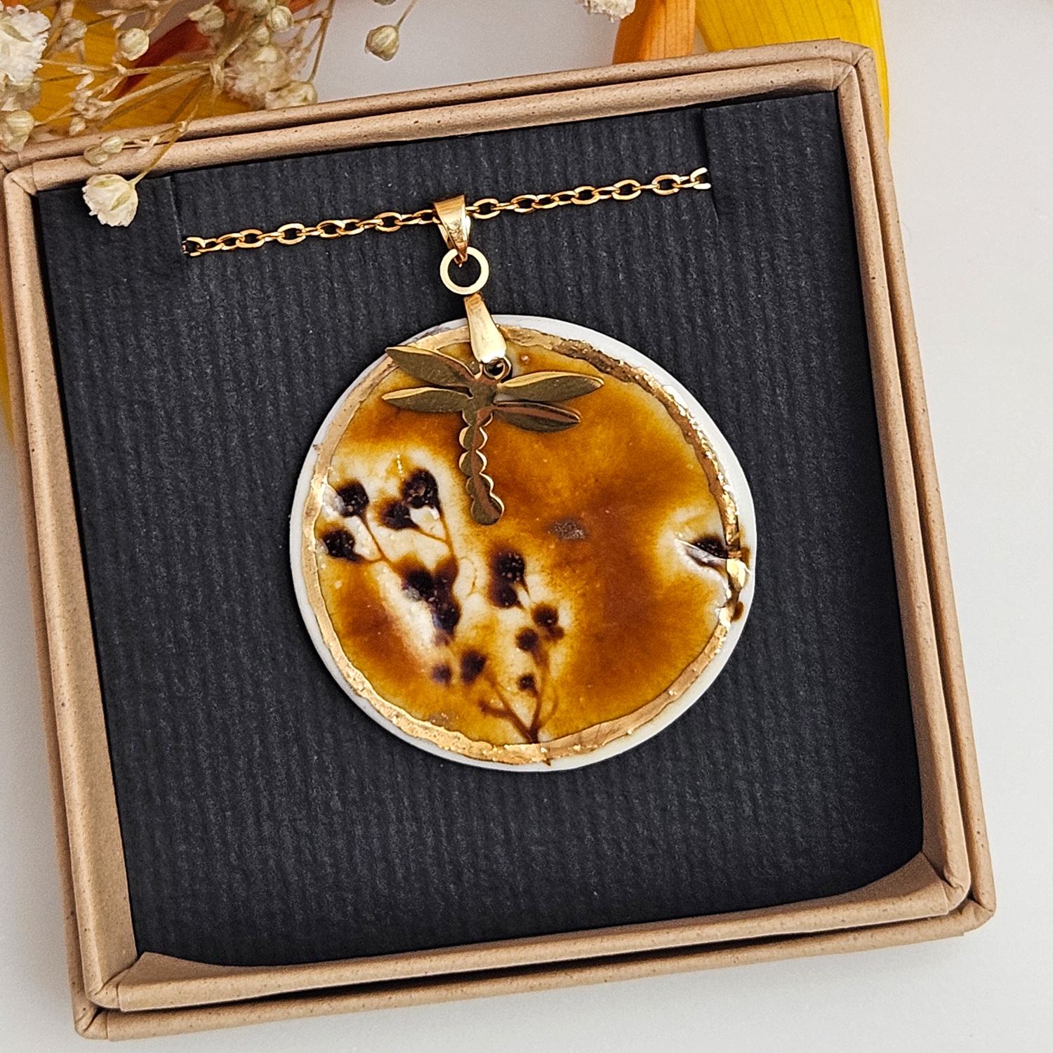Amber fine ceramic porcelain designer necklace - embossed plant with 22k gold plating and dragonfly pendant - Image 4