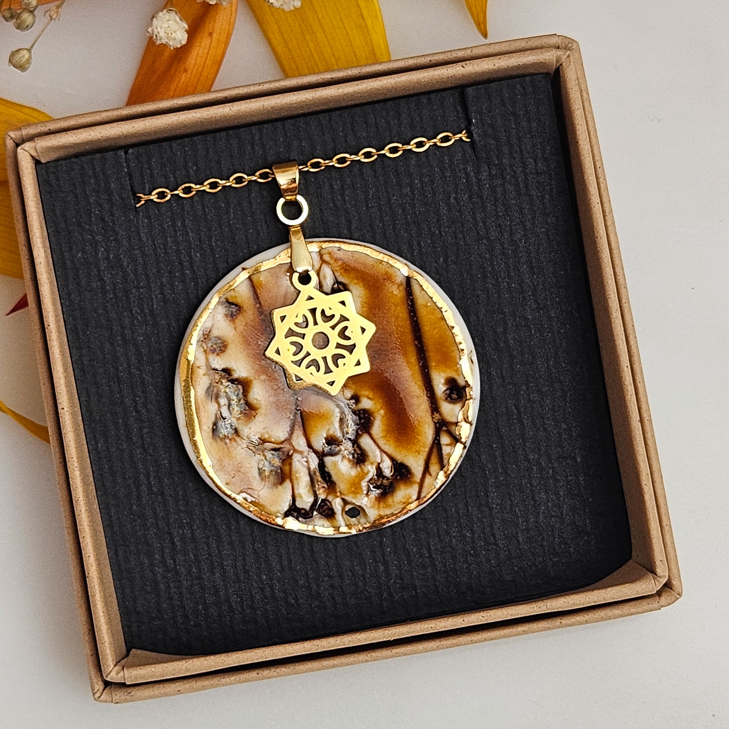 Amber fine ceramic porcelain designer necklace - embossed plant with 22k gold plating and star pendant - Image 4