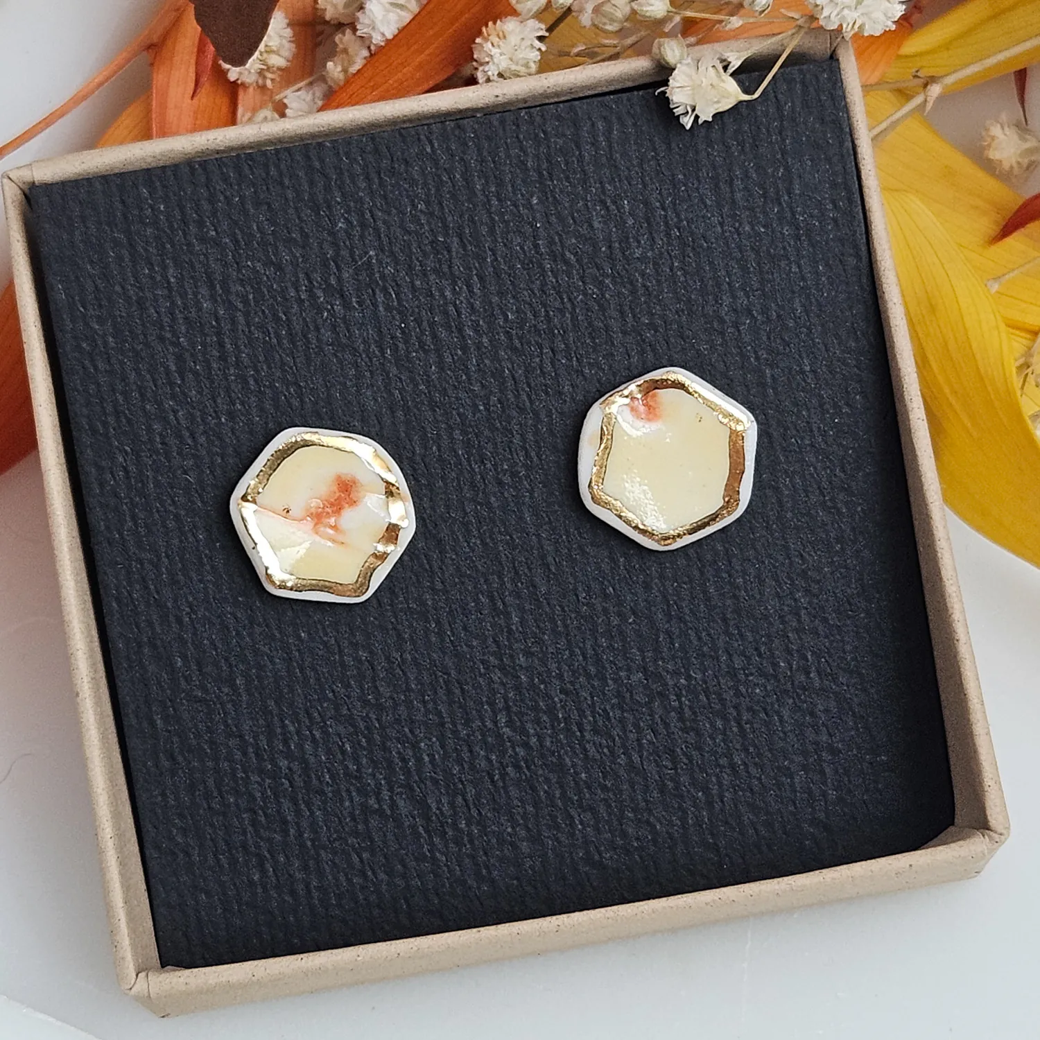 Yellow-red fine ceramic porcelain hypoallergenic stud designer earrings for sensitive ears with 22k gold plating - embossed plant - Image 4