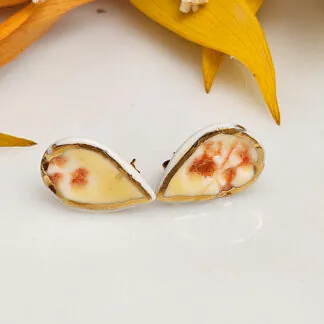 Yellow-red fine ceramic porcelain hypoallergenic stud designer earrings for sensitive ears with 22k gold plating - embossed plant