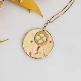 Yellow-red fine ceramic porcelain designer necklace - embossed plant with 22k gold plating and clover pendant