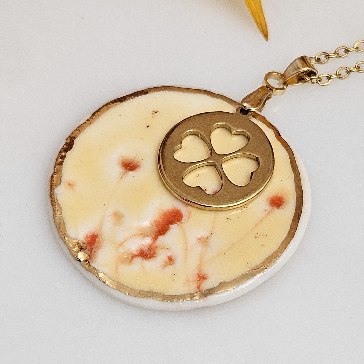 Yellow-red fine ceramic porcelain designer necklace - embossed plant with 22k gold plating and clover pendant - Image 2