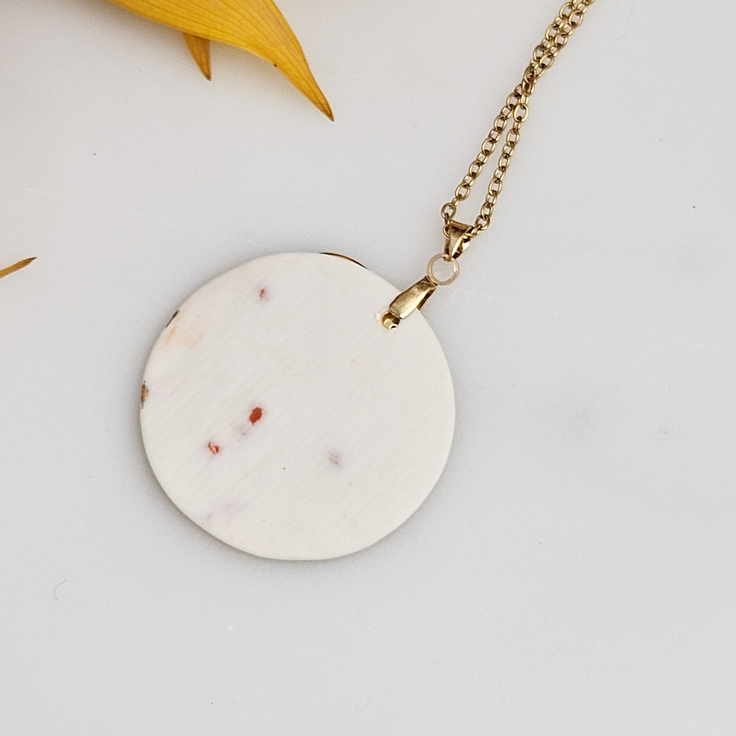 Yellow-red fine ceramic porcelain designer necklace - embossed plant with 22k gold plating and clover pendant - Image 3