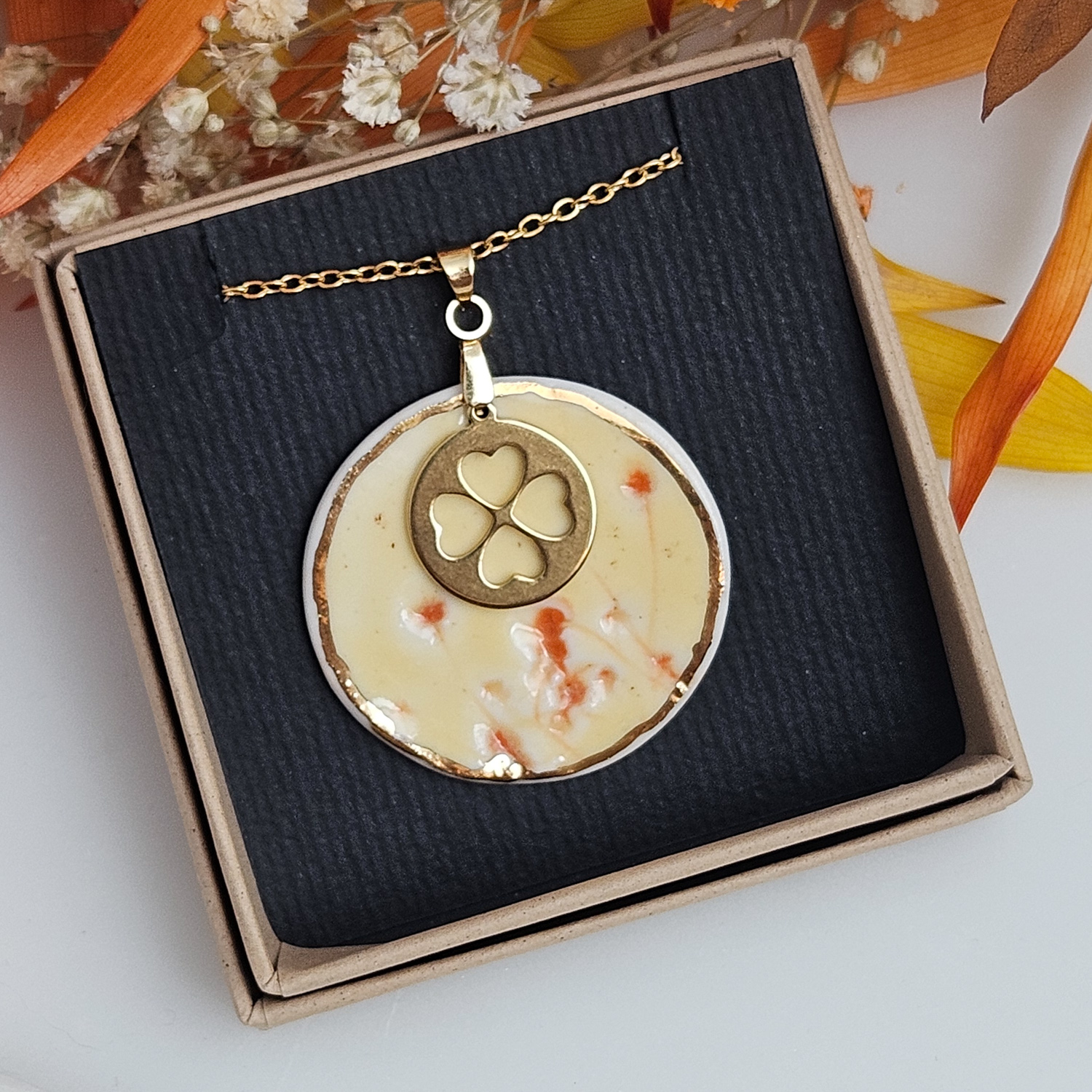 Yellow-red fine ceramic porcelain designer necklace - embossed plant with 22k gold plating and clover pendant - Image 4