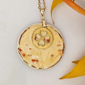 Yellow-red fine ceramic porcelain designer necklace - embossed plant with 22k gold plating and clover pendant