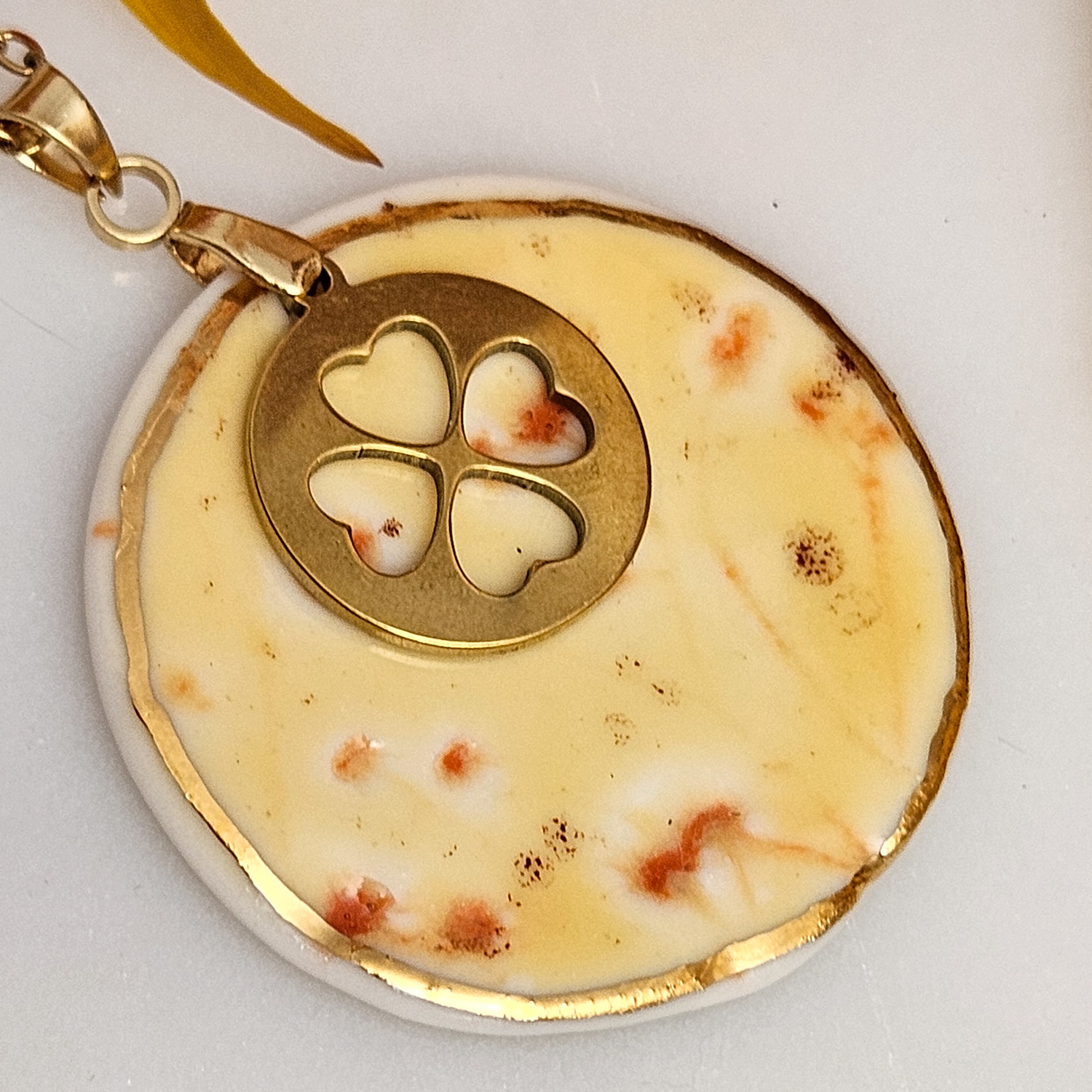 Yellow-red fine ceramic porcelain designer necklace - embossed plant with 22k gold plating and clover pendant - Image 2