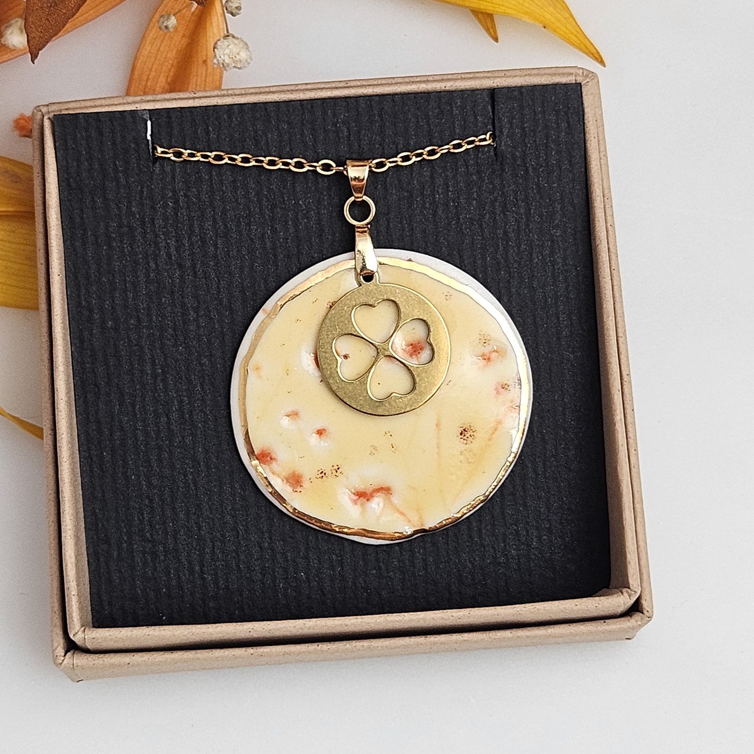Yellow-red fine ceramic porcelain designer necklace - embossed plant with 22k gold plating and clover pendant - Image 4