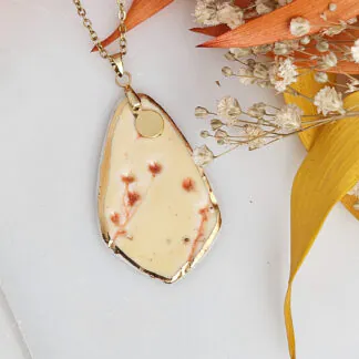 Yellow-red fine ceramic porcelain designer necklace - embossed plant with 22k gold plating and round pendant