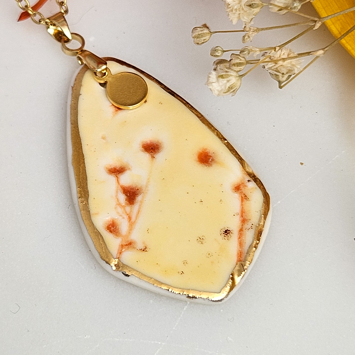 Yellow-red fine ceramic porcelain designer necklace - embossed plant with 22k gold plating and round pendant - Image 2